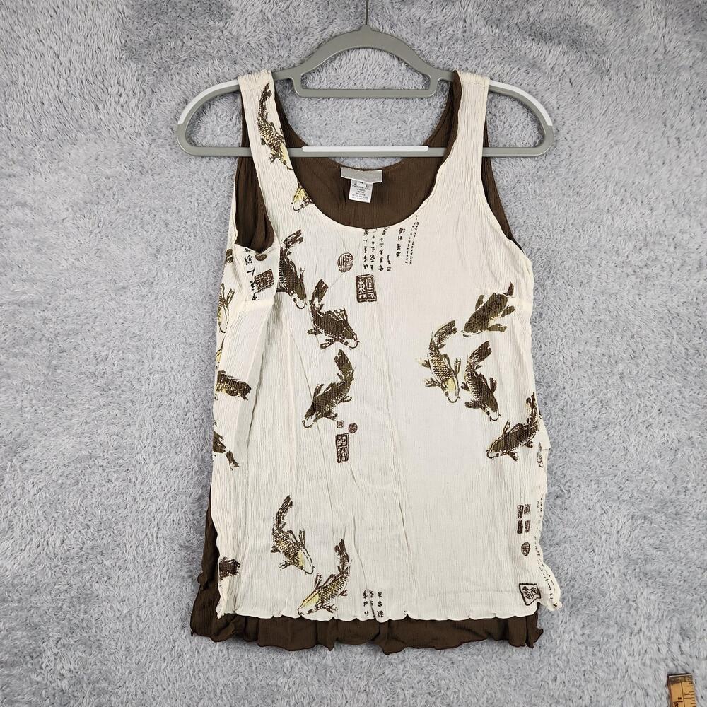 Vintage Soft Surroundings Tank Top Womens Medium White Koi Fish Asian Ruffle 90s